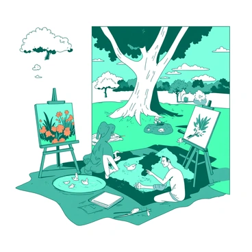 A teal illustration team is gathered under a large white tree, sketching on their easels. Each artist is focused on a different element of the scenery; one artist is drawing a vibrant orange flower garden, while another is capturing a blue pond with ducks swimming. To the side, a third artist is illustrating the texture of the white bark on the tree. In the background, a small group of people can be seen enjoying a picnic on a green blanket, adding a lively atmosphere to the scene.