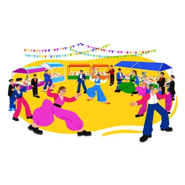 A lively cultural festival featuring several traditional dancers dressed in vibrant costumes, showcasing their intricate movements. Surrounding them are various food stalls displaying an array of colorful dishes, each stall adorned with decorative banners and lights. The scene is filled with brightly colored decorations hanging overhead, adding to the festive atmosphere. Groups of people are gathered, enjoying the performances and tasting food, contributing to the bustling energy of the event.
