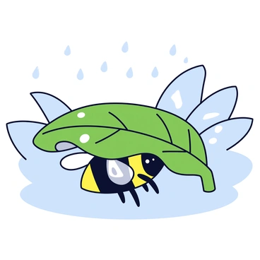 A carpenter bee with shiny black and yellow stripes is resting under a large green leaf. The leaf is glistening with water droplets from a gentle rain shower. Soft rain can be seen falling in the background, creating a soothing atmosphere. The bee's wings are slightly spread as it seeks shelter, and there are blurred outlines of other leaves and plants in the vicinity.