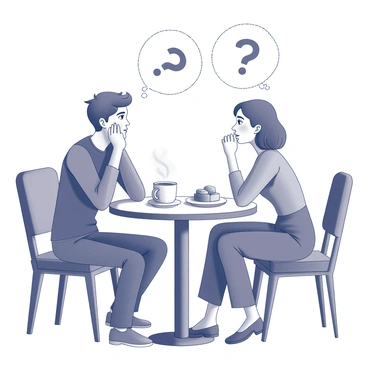 Two friends are seated at a café table, engaged in conversation. One friend is leaning forward, resting their chin on their hands, while the other is sitting back in their chair with a pensive expression. Above their heads, thought bubbles filled with "?" symbols hover, indicating curiosity or uncertainty. The café features a small table with a steaming cup of coffee and pastries on it. Surrounding them are chairs and other patrons, creating an inviting atmosphere.