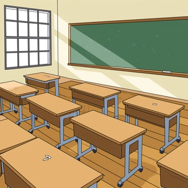 A large, empty classroom featuring several wooden desks that are covered in a thick layer of dust. The desks are arranged in rows, some slightly askew. A worn-out chalkboard dominates the front wall, its surface showing no signs of recent writing and covered in fine dust. Light streams in through a single barred window, casting elongated shadows across the room. The floor is wooden and creaky, with a few scattered pieces of chalk lying near the base of the chalkboard. A lonely paper clip sits on one of the desks, adding a touch of detail to the stillness of the scene.
