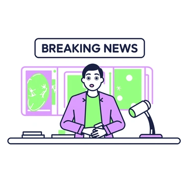 A sports news desk is positioned prominently in the image. At the center, there is a large "Breaking News" banner displayed in bold letters across the top of the desk. Behind the desk, an anchor with wide eyes and raised eyebrows is seated, wearing a smart blazer. The anchor's mouth is slightly open, indicating surprise. In front of the anchor, there are papers and a microphone, while screens displaying various sports highlights are visible in the background. The overall composition captures the essence of an urgent news moment.