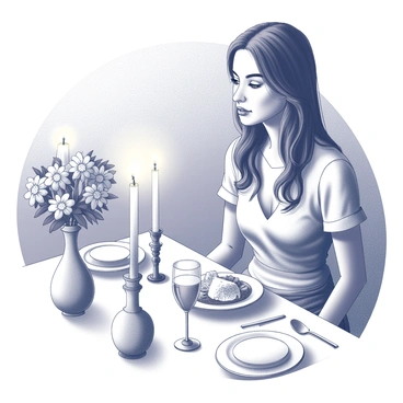 A young woman named "Juliet" is seated at a dining table. The table is elegantly set with fine dinnerware and polished silverware. Centered on the table are several vases filled with "flowers" of various shapes and sizes. Soft, flickering light from multiple "candles" creates a warm glow, illuminating her face. A plate of gourmet food is placed in front of her, while a glass of sparkling beverage is positioned nearby. The background features an intimate setting, enhancing the atmosphere of a romantic dinner.
