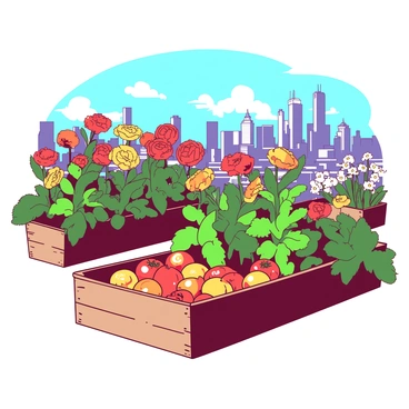A vibrant rooftop garden is flourishing with a variety of colorful flowers and vegetables. The garden features lively red and yellow blooms, with leafy green plants growing in neat rows alongside them. In the background, a bustling city skyline rises, with tall buildings and a bright blue sky above. The sunlight casts gentle shadows across the garden, highlighting the rich textures of the leaves and petals. A wooden planter box filled with orange tomatoes is nestled among the flowers, adding to the rich assortment of colors.