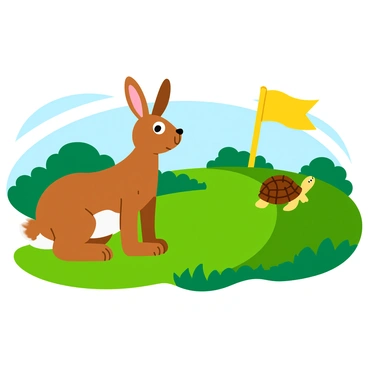 A brown hare with wide, surprised eyes, its ears perked up in shock. The hare stands on a grassy path, its posture tense and alert. Ahead of the hare, a slow-moving tortoise with a textured shell is positioned just before the finish line. The finish line is marked by a simple, bright flag fluttering in the gentle breeze. Sunlight casts soft shadows on the ground, enhancing the vivid colors of the scene. In the background, a few trees and bushes are visible, adding depth to the landscape.
