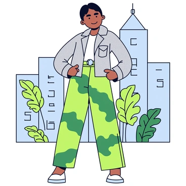 A fashion look featuring an outfit that blends urban and natural elements. The ensemble includes a fitted jacket with a concrete texture, resembling the surface of a city building. The jacket is paired with loose-fitting pants that feature a vibrant green pattern, resembling leaves and plants. Accessories include a belt with a silver buckle shaped like a skyline. The model stands in a pose that juxtaposes urban and natural settings, with a backdrop of stylized buildings intertwined with abstract green foliage.