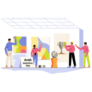 A group of artists arranging various art pieces in a spacious gallery. One artist is carefully placing a large, colorful abstract painting on a white wall. Another artist is setting down a shiny metal sculpture on a polished wooden pedestal. A third artist is adjusting the lighting, ensuring each piece is well illuminated. The gallery has high ceilings with large windows allowing natural light to pour in, casting soft shadows on the floor. Various art supplies, such as brushes and palettes, are scattered around. "Art Installation Day" is written prominently on a sign placed near the entrance.