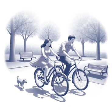 A couple riding vintage bicycles in a park. The woman is wearing a flowing dress, while the man is dressed in a casual shirt and trousers. The bicycles have classic features, including curved handlebars and large, spoked wheels. Sunlight filters through the trees, casting intricate shadows on the path. The couple appears to be smiling and enjoying their ride, surrounded by greenery and park benches. A small dog runs alongside them, adding to the lively atmosphere of the scene.