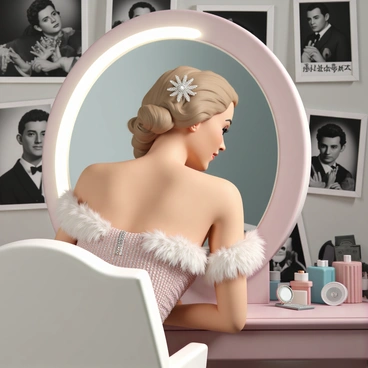 A vintage film star, wearing a glamorous 1940s-style gown adorned with sequins and a delicate feather boa draped around her shoulders. She is seated at an ornate vanity, which features a large, illuminated mirror. Her hair is styled in soft waves, with a dramatic hairpin sparkling in the light. On the vanity, there are various items such as vintage perfume bottles, a classic compact mirror, and an old-fashioned hairbrush. The walls are decorated with black and white photographs of classic films and famous actors from the era, creating an atmosphere rich in nostalgia.
