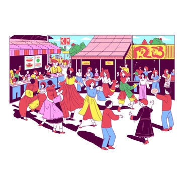 A vibrant scene at a cultural festival features individuals wearing colorful traditional costumes, showcasing a variety of intricate patterns and styles. There are groups of people dancing energetically, their movements synchronized to rhythmic music coming from nearby musicians playing traditional instruments. The atmosphere is filled with excitement, as families and friends gather to enjoy the performances. Colorful decorations and banners adorn the surroundings, enhancing the festive spirit. In the background, food stalls offer a selection of traditional dishes, adding to the lively experience of the event.