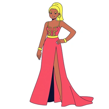 A fashionable figure standing confidently in a striking pose. The figure wears a flowing red gown with intricate gold detailing. The gown has a deep neckline and an elegant train that cascades to the floor. The model has a sleek hairstyle dyed in a vibrant shade of blonde, styled into a smooth updo. Accessories include oversized gold earrings and a matching bracelet. The background is a simple color that highlights the vivid colors of the outfit.