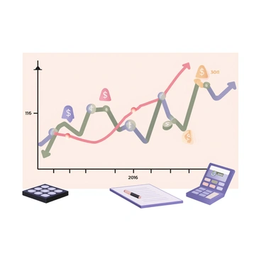 A digital flat illustration depicting a detailed financial chart illustrating the ups and downs of a margin-based stock portfolio. The chart features multiple lines in various colors to represent different stocks. The vertical axis shows stock values, while the horizontal axis represents time, with clearly marked intervals. There are upward spikes and downward dips in the lines, indicating fluctuations in stock prices. Icons of dollar signs and arrows are incorporated alongside the lines to emphasize gains and losses. A small calculator and a notepad with financial notes are placed at the bottom of the chart for added context.