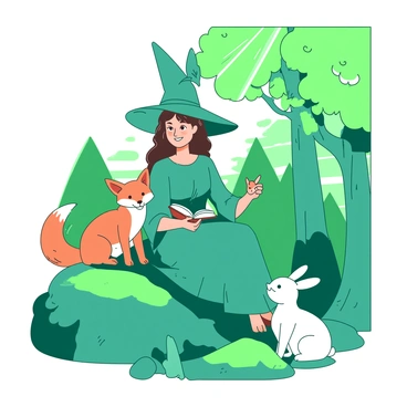 A teal witch wearing a pointed hat is sitting on a large moss-covered rock in a lush green forest. She has a playful smile and is holding a small orange book in her lap. Around her, there are various friendly animals, including a curious orange fox, a fluffy white rabbit, and a cheerful teal bird perched on her shoulder. Sunlight filters through the leaves above, casting dappled light on the scene, enhancing the sense of companionship and tranquility among the witch and the animals.
