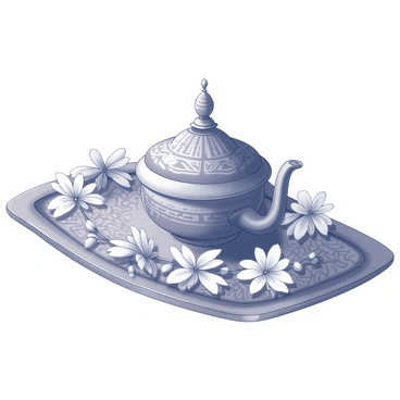 A "nath" placed elegantly on a decorative tray. The nath features intricate designs, showcasing its craftsmanship. Surrounding the nath is a garland of "fresh flowers," arranged in a harmonious manner. The tray is adorned with decorative patterns, enhancing the overall presentation of the items. Each flower in the garland is distinct, contributing to the visual richness of the composition.