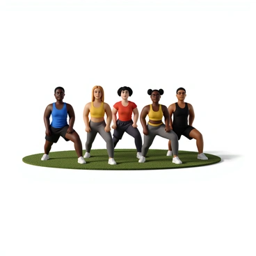A diverse group of five people engaged in a reverse lunge challenge. Two individuals have dark skin, one has light skin, and the other two have medium skin tones. They are located in a spacious outdoor area with green grass beneath them. Each person wears athletic clothing: one is in a blue tank top and black shorts, another in a red t-shirt and leggings, a third in a yellow sports bra and grey sweatpants, while the last two are dressed in matching black workout outfits. Each participant has one leg extended back in a lunge position, demonstrating focus and determination. The expressions on their faces show concentration as they strive to maintain balance and form.