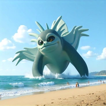 A giant mythical creature with scales that shimmer in various shades of blue and green is emerging from the ocean. Its enormous body is partially submerged in the water, with waves crashing against its sides. The creature has large, expressive eyes that reflect the sunlight, and long, flowing fins that extend from its back. In the background, a sandy beach stretches out, with small beachgoers below, appearing tiny in comparison to the massive size of the creature. The sky is a clear blue with a few fluffy clouds drifting by.