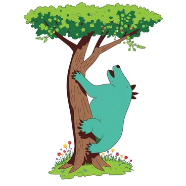A teal Gruffalo with brown spikes is climbing a sturdy brown tree to reach a high branch. The tree has a thick trunk and a dense canopy of green leaves. The Gruffalo's claws are gripping the rough bark as it stretches its arm towards a branch filled with bright green foliage. Below the tree, a carpet of colorful flowers and a small patch of grass is visible. The scene portrays the Gruffalo's determination as it navigates the tree's height.