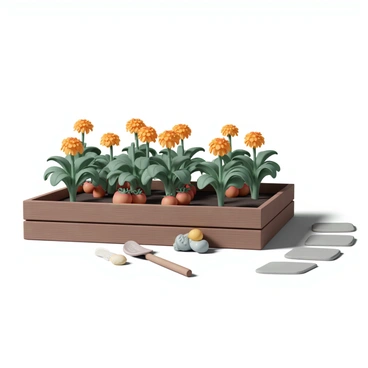 A potager garden featuring a variety of plants, prominently displaying "marigolds" with bright orange and yellow flowers alongside "tomato" plants with lush green leaves and vibrant red tomatoes. The marigolds are arranged in clusters around the base of the tomato plants, creating a visually appealing contrast. The garden bed is made of rustic wooden planks, and the soil is rich and dark. Sunlight casts gentle shadows over the scene, highlighting the textures of the leaves and petals. There are small garden tools resting nearby, and a hint of a stone path leads to the potager, enhancing the overall composition.