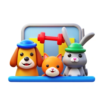 A group of cartoon characters, each wearing a unique hat that resembles a small dumbbell. The first character is a cheerful dog with big round eyes, sporting a blue dumbbell hat. Next to the dog, there is a mischievous cat wearing a red dumbbell hat, perched playfully on its head. Another character, a rabbit, has a green dumbbell hat that slightly tilts to one side as it hops excitedly. In the background, a colorful gym setting is visible, emphasizing the playful theme of fitness and fun.