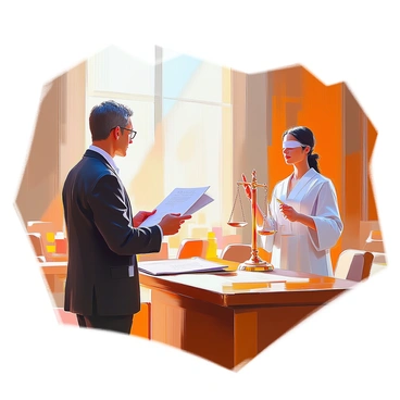 A lawyer with medium skin and glasses stands confidently in a courtroom, presenting a case with conviction. He is wearing a tailored black suit and a white shirt, holding a folder filled with documents. Opposite him, "Themis," the figure of justice, is depicted as a serene woman with a blindfold, holding a scale in one hand and a sword in the other. Her expression is attentive and composed as she listens intently to the lawyer's argument. The courtroom is filled with wooden paneling and rows of seats, highlighting the formal atmosphere of the legal proceedings. Sunlight streams through a large window, casting soft light across the scene.