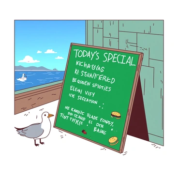 A green chalkboard outside the Krusty Krab prominently displays the words "Today's Special: Krabby Patty Offers" in bold white chalk lettering. Below the main text, there are detailed descriptions of the special offers written in white, with illustrations of Krabby Patties and colorful sides drawn around the text. The chalkboard is propped up against the wooden exterior of the Krusty Krab, and there are a few seagulls perched nearby, observing the scene. The setting has a bright blue sky overhead, creating a vibrant atmosphere.