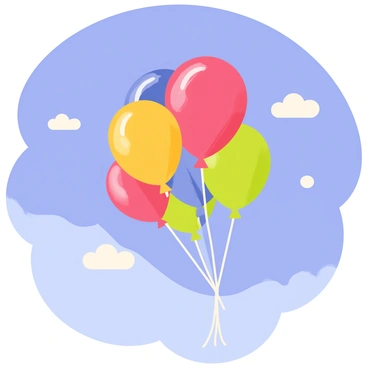 A cluster of colorful balloons in various shades of red, blue, yellow, and green is ascending into a clear blue sky. The balloons are tied together with a single string, gently swaying in the air as they rise. Each balloon is round and glossy, reflecting sunlight as they float higher. In the background, the sky is painted in a vibrant blue with a few small, fluffy white clouds scattered throughout.