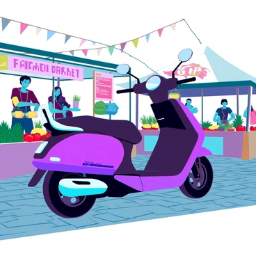 A purple moped parked at a bustling farmer's market with fresh produce stalls