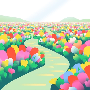 A vibrant flower field maze is depicted, filled with rows of colorful blossoms in various shades of red, yellow, blue, and pink. The flowers are tall and lush, creating a lively contrast against the bright green foliage. Winding paths meander through the maze, allowing for exploration amidst the floral arrangement. Sunlight filters through, illuminating the petals and casting playful shadows on the ground. In the background, a clear blue sky stretches overhead, enhancing the vivid colors of the blossoms.