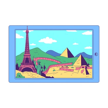 An illustration board features a collection of iconic landmarks from around the world. The left side displays the "Eiffel Tower" in a tall, elegant pose, showcasing its intricate iron lattice structure. Beside it is the "Statue of Liberty," standing proudly with her torch raised high. In the center, the "Great Wall of China" winds through lush mountains, emphasizing its vast length. To the right, the "Pyramids of Giza" are depicted in golden hues, surrounded by sandy terrain. The background consists of a "blue" sky with scattered "white" clouds, enhancing the vibrancy of the landmarks on the board.