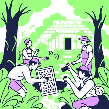A group of explorers is navigating through a dense jungle filled with lush vegetation. They are surrounded by towering trees with thick trunks and broad leaves. In the foreground, one explorer is carefully examining a stone tablet covered in intricate carvings. Another explorer is documenting the site with a camera, while a third is pointing toward a partially hidden structure in the background. The ancient ruins feature crumbling stone walls and moss-covered steps, partially obscured by vines and foliage. Sunlight filters through the tree canopy, casting dappled shadows on the jungle floor.