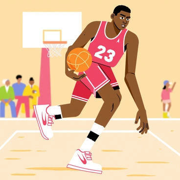 A young Michael Jordan in his rookie year dribbling a bright orange basketball. He is wearing a red and black basketball uniform with "23" emblazoned on the front. His expression shows determination and focus as he moves across a wooden basketball court. The court features white lines and a hoop in the background. Jordan's sneakers are white with red details, and his athleticism is highlighted by his dynamic pose. A few spectators can be seen in the blurred background, emphasizing the excitement of the moment.