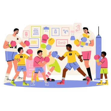 A family of boxers, parents and kids, training together and encouraging each other