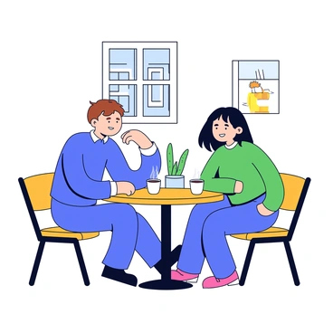 A cozy cafe with wooden furniture and warm lighting. In the center, a round table is occupied by a mentor and a mentee. The mentor has short brown hair and is wearing a blue shirt, while the mentee has long dark hair and is dressed in a green sweater. Both are leaning slightly forward, engaged in a discussion. Each has a steaming cup of coffee on the table. A small plant sits in the background, adding a touch of green to the scene. A window is visible behind them, showing a hint of a busy street outside.