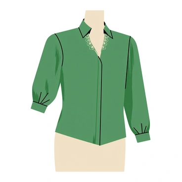 A luxurious silk blouse in a deep emerald green color. The blouse features delicate lace trims along the collar and cuffs, adding an elegant touch. The fabric has a smooth, shiny texture that catches the light. The sleeves are slightly puffed, creating a sophisticated silhouette. The blouse is displayed on a simple mannequin against a soft, neutral background.