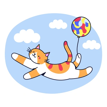 A fluffy cat with orange stripes is leaping through the air, its paws outstretched towards a colorful birthday balloon. The balloon is round and features bright patterns in blue, yellow, and red. The background shows a simple blue sky with a few white clouds, providing a cheerful atmosphere for the scene. The cat's tail is arched high, showcasing its excitement and determination in the chase.