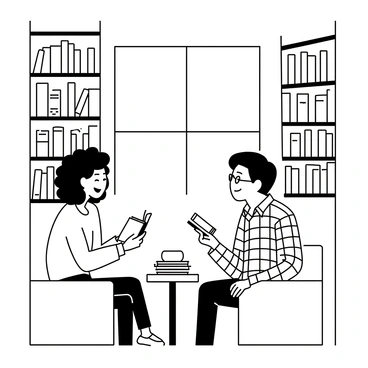 Two individuals are seated in a cozy nook of a bookstore, surrounded by tall shelves filled with books. One person is a woman with curly hair, wearing a light sweater, holding a novel in her hands. She is smiling while animatedly discussing a book. The other person is a man with short hair, wearing a plaid shirt and glasses, leaning in with interest as he listens. There is a small wooden table between them, on which rests a stack of opened books. Soft light filters through a nearby window, illuminating the space.
