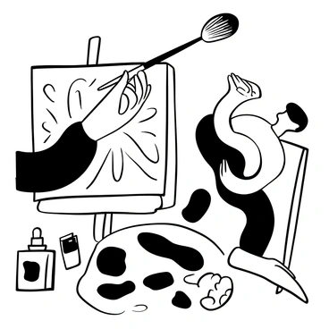 A pair of hands with visible swelling gripping a paintbrush firmly. The fingers are slightly curled around the handle, showcasing the strain from arthritis. The paintbrush has fine bristles and is poised above a canvas filled with overlapping bold strokes. The workspace is cluttered with paint tubes and a palette with thick blobs of paint scattered around. A small bottle of linseed oil sits nearby, hinting at the creative process. The overall composition emphasizes the tension and struggle in the hands while engaging in art.