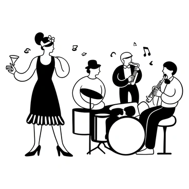 A flapper girl wearing a fringed dress is standing elegantly while holding a cocktail glass in one hand. She has a stylish headband with a feather adorning her hair. In the background, a jazz band is playing, consisting of a saxophonist, a drummer with a vintage drum set, and a trumpet player. The band members are dressed in formal attire, engaged in their music, creating a lively atmosphere. Musical notes are illustrated around them, enhancing the scene's energy.