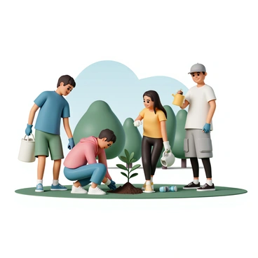 A group of four friends is actively cleaning up a local park. One friend, wearing a blue t-shirt, green shorts, and gloves, is picking up litter with a trash bag in hand. Another friend, dressed in a red hoodie and jeans, is planting a small sapling into the ground, kneeling beside a freshly dug hole. A third friend, in a yellow tank top and black leggings, is holding a watering can, preparing to water the newly planted tree. The fourth friend, wearing a gray cap and cargo shorts, is picking up plastic bottles and cans from the grass, smiling as they work together. The background features green trees and a clear blue sky.