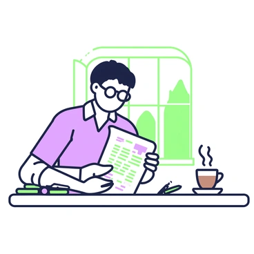 An accountant is seated at a wooden desk while carefully reviewing a balance sheet. The person has short hair and wears reading glasses. They are dressed in a formal white shirt with rolled-up sleeves, focused on the document spread before them. A steaming cup of coffee sits on the desk to the right, with a small saucer beneath it. The balance sheet features lines of typed text and numerical columns, all laid out neatly. The setting includes a window in the background, allowing natural light to illuminate the scene. A few office supplies, such as pens and a notepad, are visible next to the coffee cup.