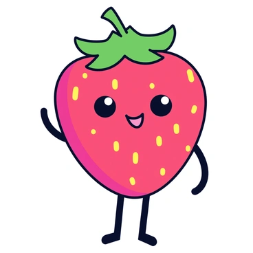 A cartoon strawberry character with a bright red body. The strawberry has a cheerful smiling face with large, friendly eyes. It features tiny arms and legs that resemble simple stick limbs. The green leafy crown on top of the strawberry adds a playful touch, complementing its animated expression.
