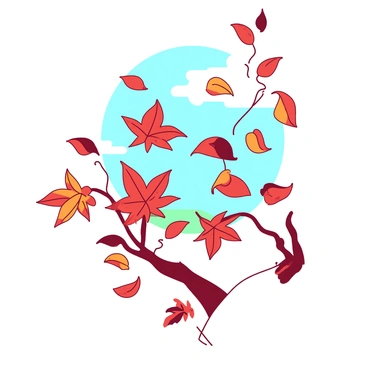 A collection of vibrant orange and red leaves is swirling in the air, lifted by gentle gusts of wind. The leaves are in various shapes and sizes, some with jagged edges and others more rounded. In the background, a clear sky transitions from a soft blue near the horizon to a deeper blue higher up. The swirling leaves create intricate patterns as they dance playfully against this serene backdrop.
