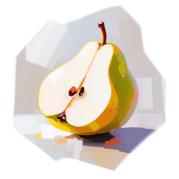 A close-up view of a sliced pear, showcasing its juicy texture and small brown seeds nestled within the pale flesh. The pear's skin is a soft greenish-yellow hue, with a few speckled brown spots. The edges of the slice are slightly glistening with juice, emphasizing its freshness. The background is softly blurred to keep the focus on the detailed structure of the fruit, highlighting the smoothness of the flesh and the intricate pattern of the seeds.
