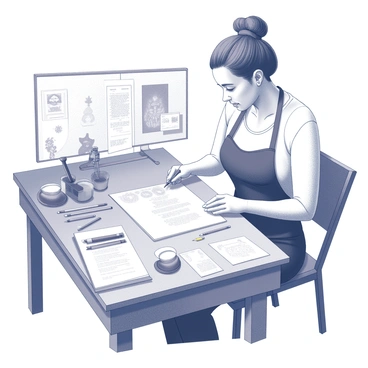 An artist is seated at a wooden desk, meticulously working on a wedding invitation. The desk is cluttered with various art supplies, including colored pencils, brushes, and sheets of decorative paper. Scattered around are ink pots and an open sketchbook showcasing doodles and design ideas. The artist is focused, with a pencil in hand, creating intricate details on the invitation. A soft light from a nearby window illuminates the scene, highlighting the textures of the art supplies and the elegance of the invitation in progress.