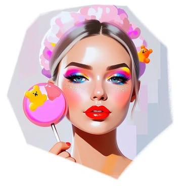 A makeup look inspired by colorful candies and sweets. The model has vibrant eyeshadow in shades of pink, blue, and yellow, resembling cotton candy and gummy bears. Her lips are coated in a glossy, bright red gloss that mimics the appearance of a cherry lollipop. Glitter is applied on her cheeks to give a sugary sparkle, reflecting light like sprinkles on a cupcake. The overall effect is playful and whimsical, showcasing a delightful palette that captures the essence of a candy shop.