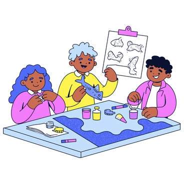A group of three children sitting at a table covered with colorful craft supplies. One child is holding a dead fish, carefully examining it, while another child is cutting out blue paper waves with scissors. The third child is gluing shiny sequins to a large piece of cardboard shaped like an ocean. Brightly colored paints and markers are scattered across the table, and there is a poster board with drawings of underwater creatures in the background. The scene is lively and filled with smiles as the children work together on their ocean-themed display for school.