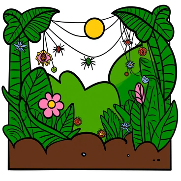 A vibrant jungle scene with lush green tropical plants, large leaves, and colorful flowers. Various spiders with intricate patterns are crawling across the foliage, some hanging from silken threads. Sunlight filters through the dense canopy, creating dappled light on the rich, dark soil below. The overall atmosphere is teeming with life, showcasing the biodiversity of the jungle.