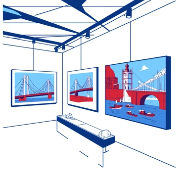 Decorative art panels depicting the history of Tower Bridge on its walls
