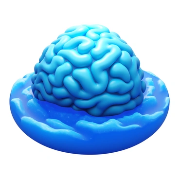 A series of ocean waves dynamically forming the shape of a brain. The waves crest and tumble in a way that mimics the intricate folds and contours of a human brain. The water sparkles under the sunlight, creating reflections that enhance the visual complexity. The surrounding ocean is a deep blue, contrasting with the frothy white of the waves. The scene captures the movement of the waves, illustrating the concept of thought flow through their shape.