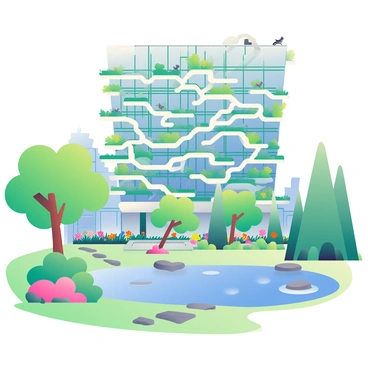 A large, modern building with glass walls and green balconies is situated in a vibrant urban landscape in Montpellier. The structure features an intricate design with flowing lines that mimic natural forms, resembling tree branches. Surrounding the building are lush green gardens filled with colorful flowers, and tall trees provide shade. In the foreground, a clear blue pond reflects the architecture, adding a serene element to the scene. There are small pathways made of natural stones winding through the gardens, inviting visitors to explore their surroundings. A few birds are seen perched on the balconies, further integrating the elements of nature with the architectural design.